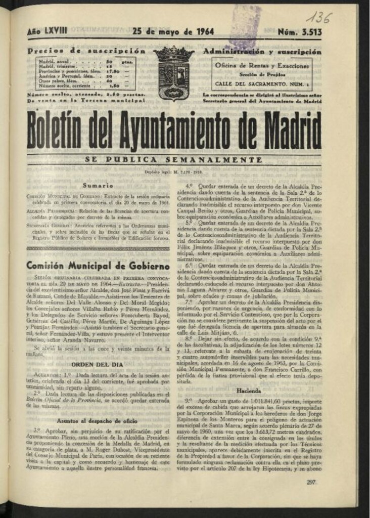 Miniatura de Boletín oficial del Ayuntamiento del 25 de mayo de 1964, nº 3513