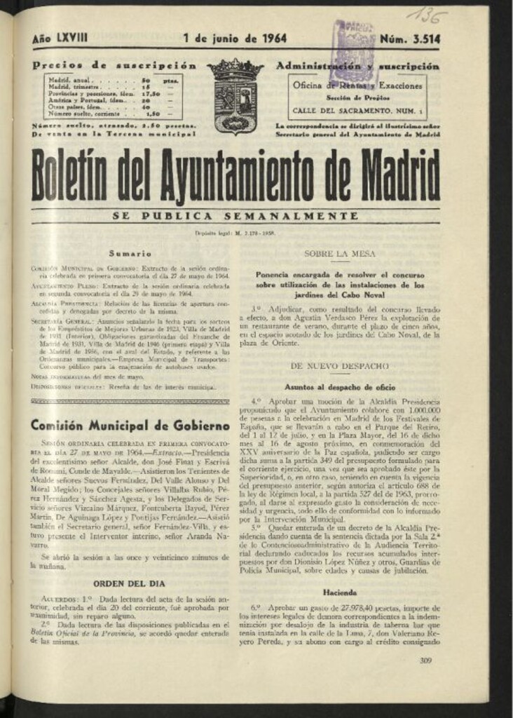 Miniatura de Boletín oficial del Ayuntamiento del 1 de junio de 1964, nº 3514