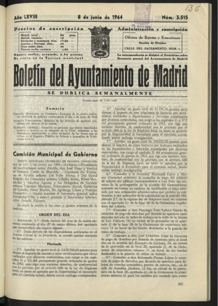 Miniatura de Boletín oficial del Ayuntamiento del 8 de junio de 1964, nº 3515
