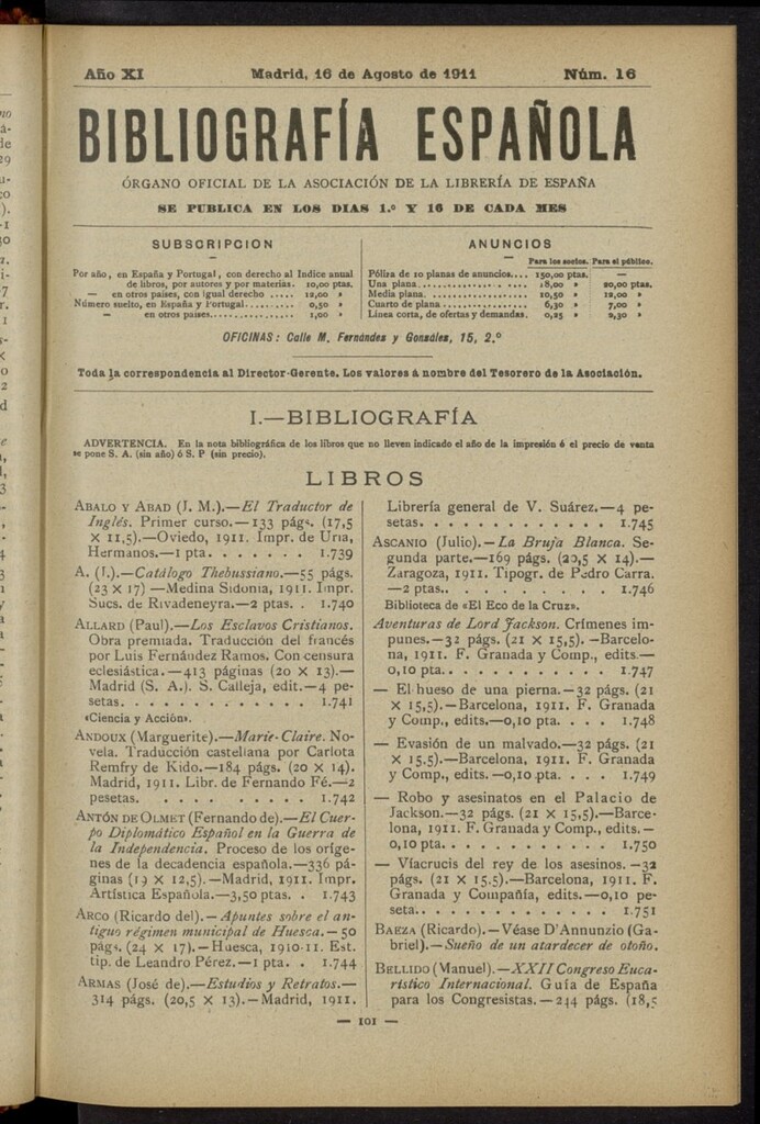 Miniatura de Bibliografía Española del 16 de agosto de 1911