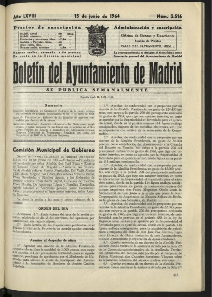 Miniatura de Boletín oficial del Ayuntamiento del 15 de junio de 1964, nº 3516
