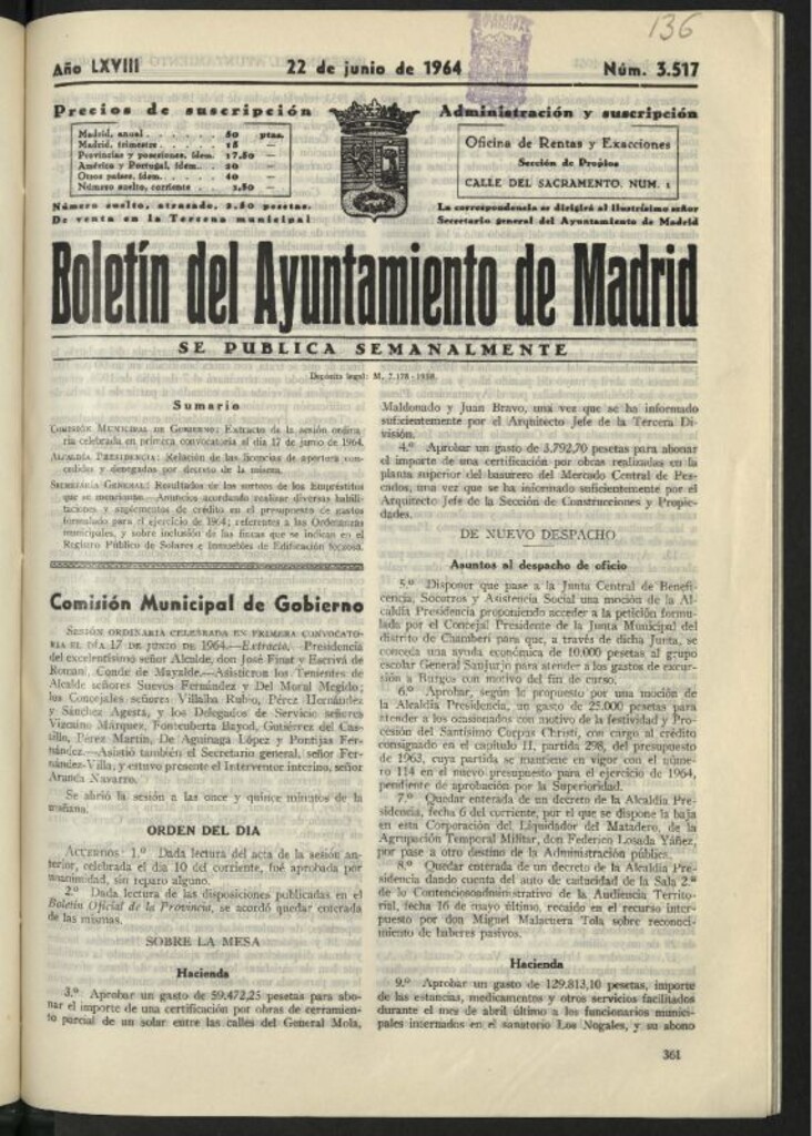 Miniatura de Boletín oficial del Ayuntamiento del 22 de junio de 1964, nº 3517