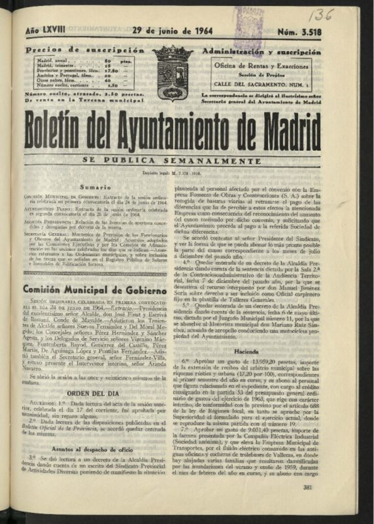 Miniatura de Boletín oficial del Ayuntamiento del 29 de junio de 1964, nº 3518