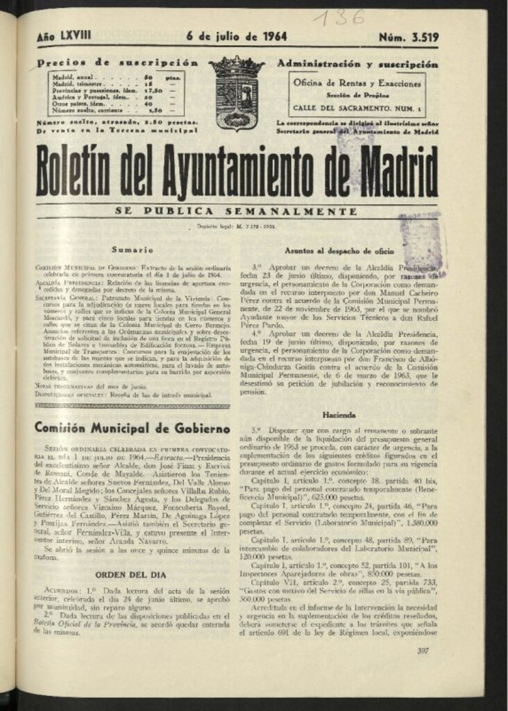 Miniatura de Boletín oficial del Ayuntamiento del 6 de julio de 1964, nº 3519