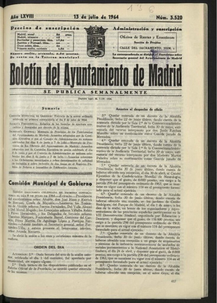 Miniatura de Boletín oficial del Ayuntamiento del 13 de julio de 1964, nº 3520