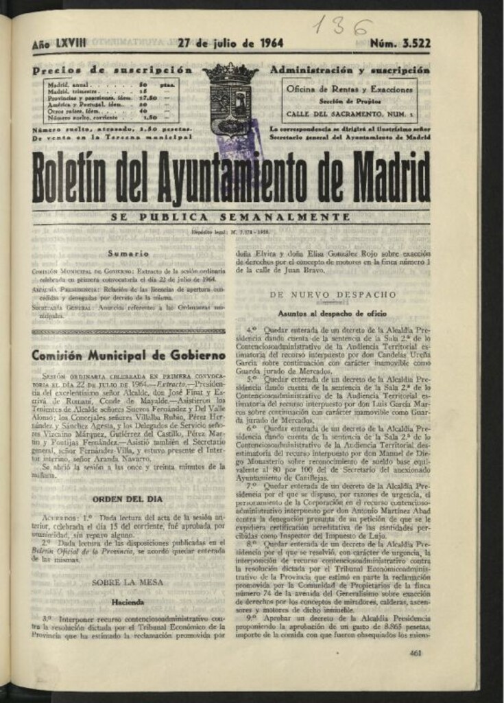 Miniatura de Boletín oficial del Ayuntamiento del 27 de julio de 1964, nº 3522