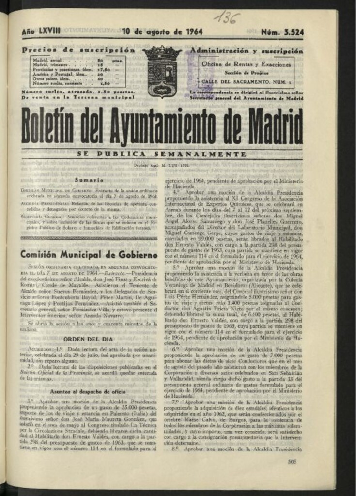 Miniatura de Boletín oficial del Ayuntamiento del 10 de agosto de 1964, nº 3524