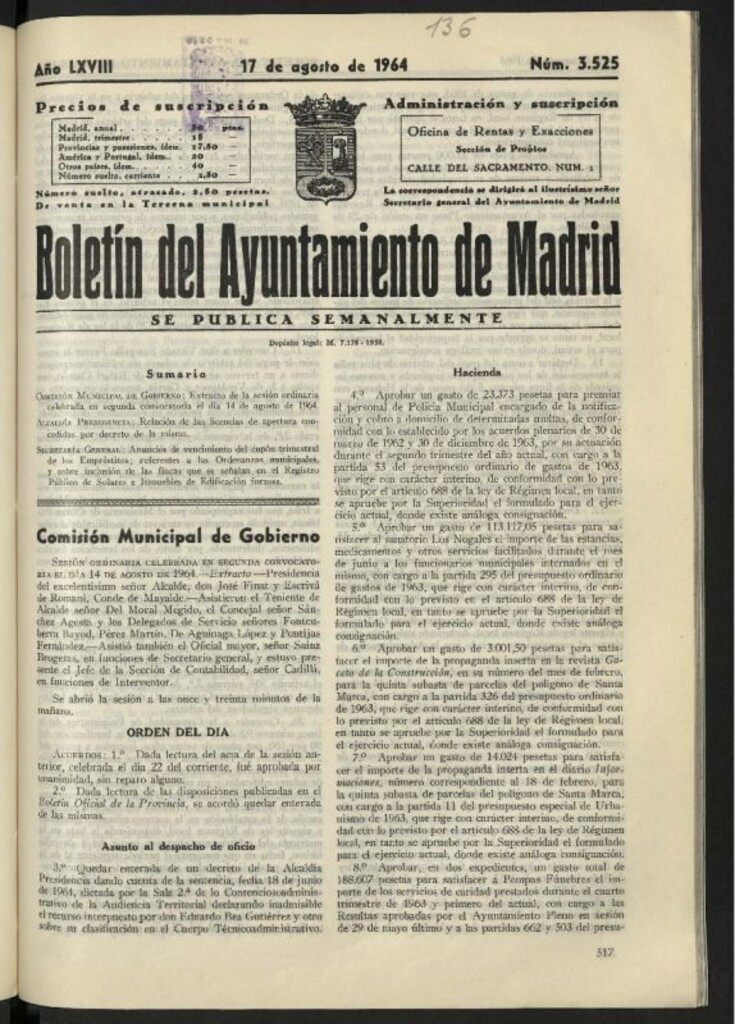Miniatura de Boletín oficial del Ayuntamiento del 17 de agosto de 1964, nº 3525