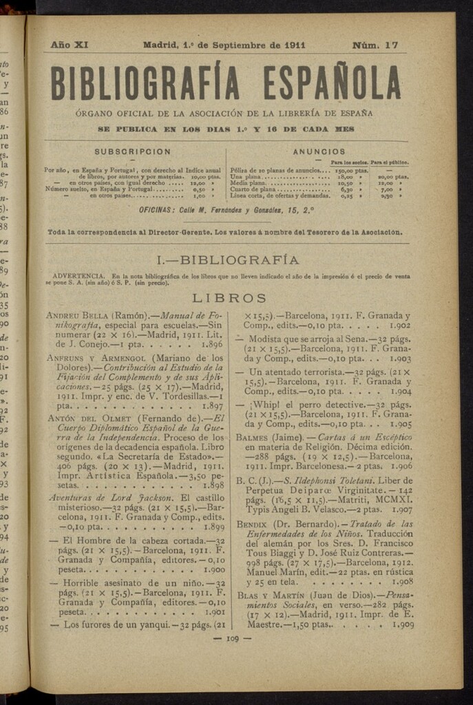 Miniatura de Bibliografía Española del 1 de septiembre de 1911