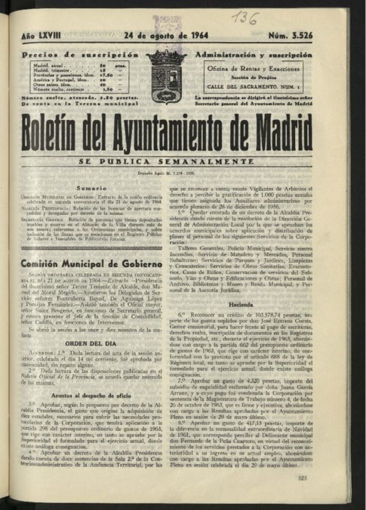Miniatura de Boletín oficial del Ayuntamiento del 24 de agosto de 1964, nº 3526