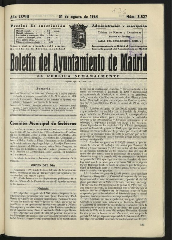 Miniatura de Boletín oficial del Ayuntamiento del 31 de agosto de 1964, nº 3527