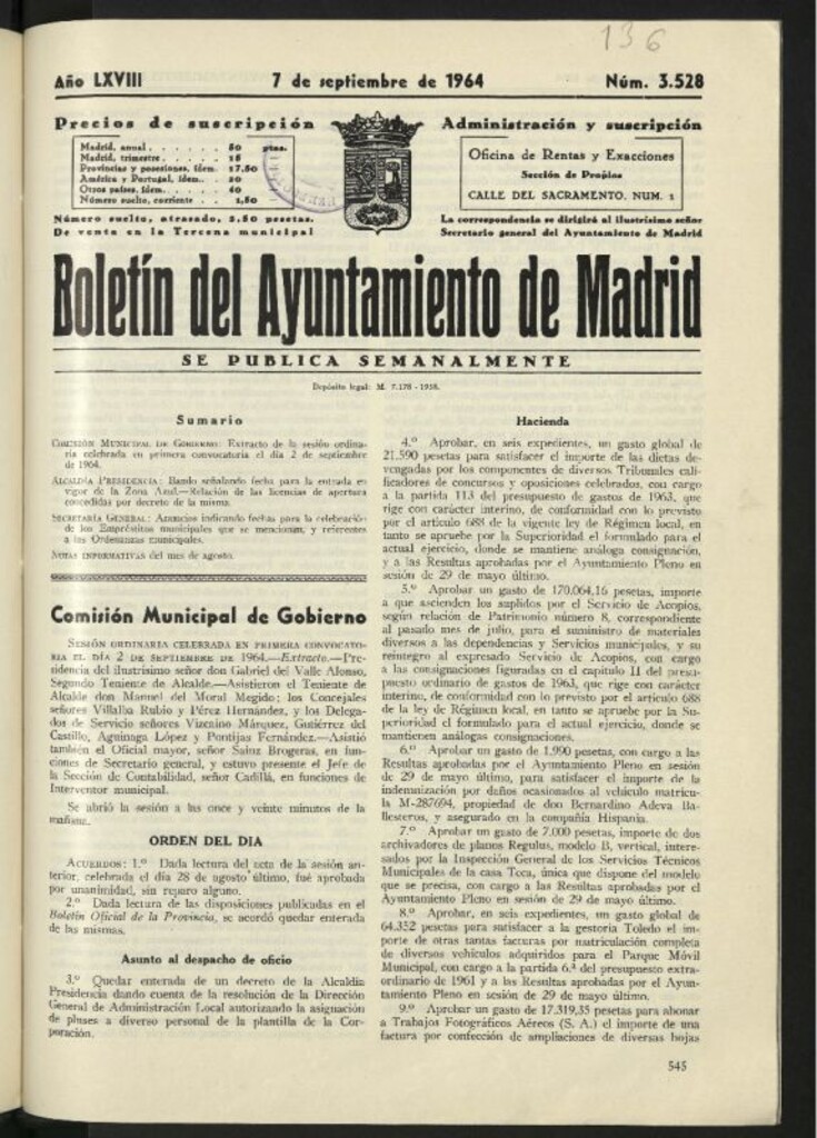 Miniatura de Boletín oficial del Ayuntamiento del 7 de septiembre de 1964, nº 3528