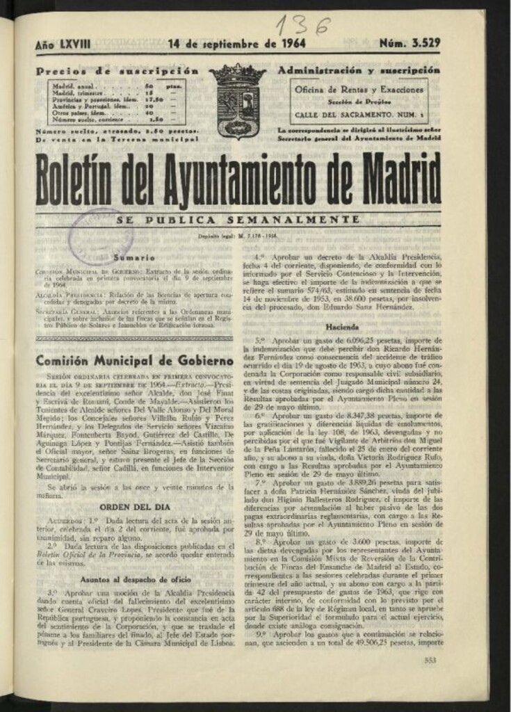 Miniatura de Boletín oficial del Ayuntamiento del 14 de septiembre de 1964, nº 3529