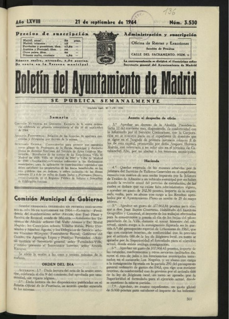 Miniatura de Boletín oficial del Ayuntamiento del 21 de septiembre de 1964, nº 3530