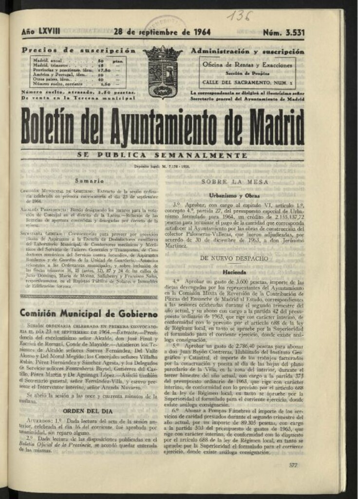 Miniatura de Boletín oficial del Ayuntamiento del 28 de septiembre de 1964, nº 3531