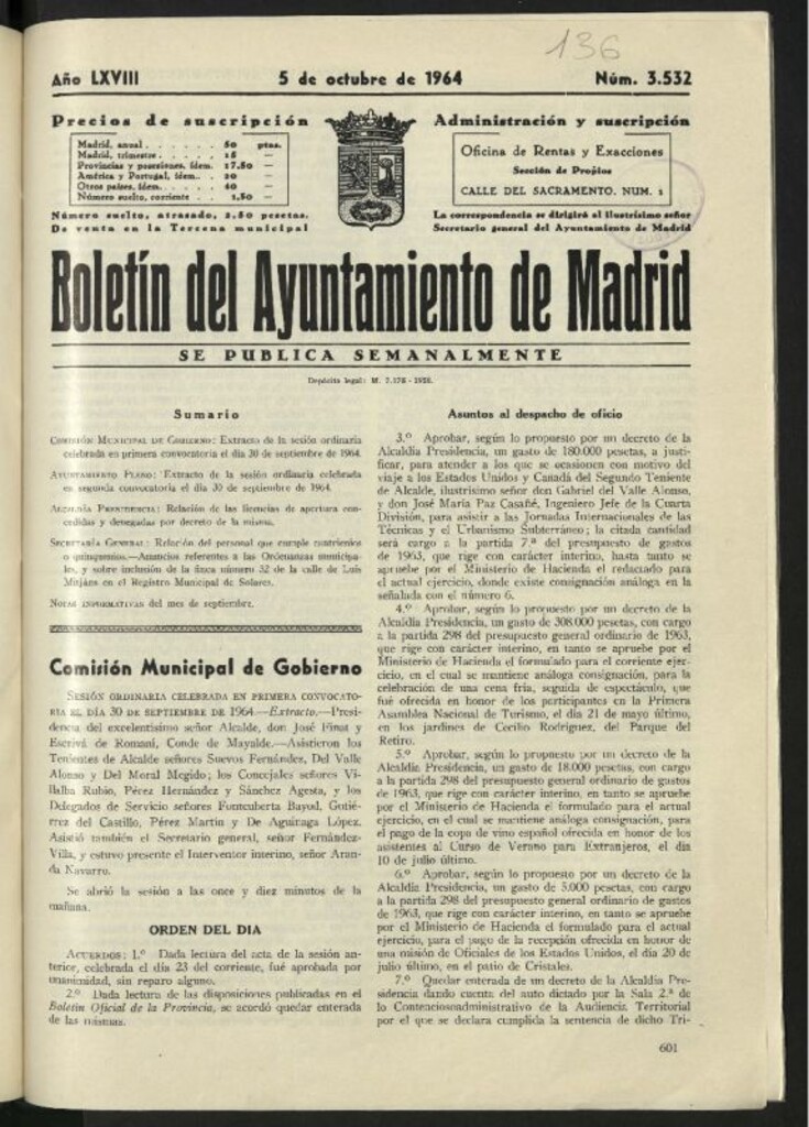 Miniatura de Boletín oficial del Ayuntamiento del 5 de octubre de 1964, nº 3532