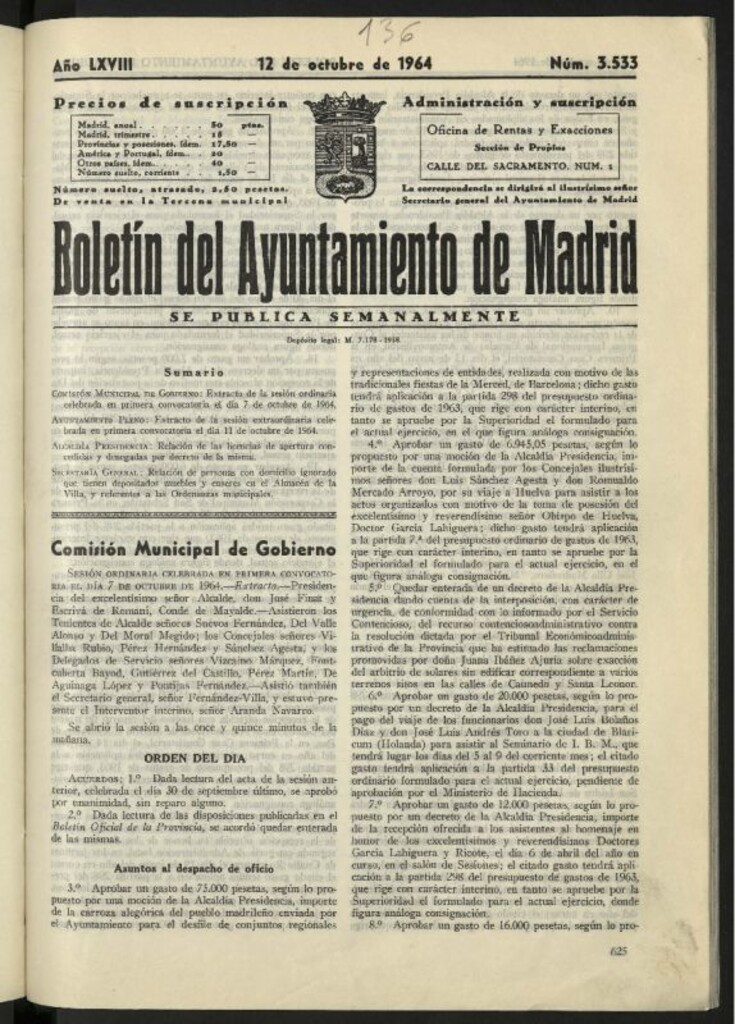 Miniatura de Boletín oficial del Ayuntamiento del 12 de octubre de 1964, nº 3533