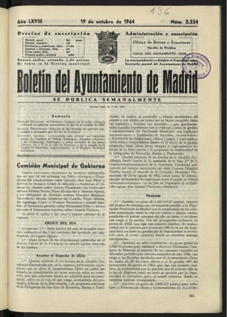 Miniatura de Boletín oficial del Ayuntamiento del 19 de octubre de 1964, nº 3534