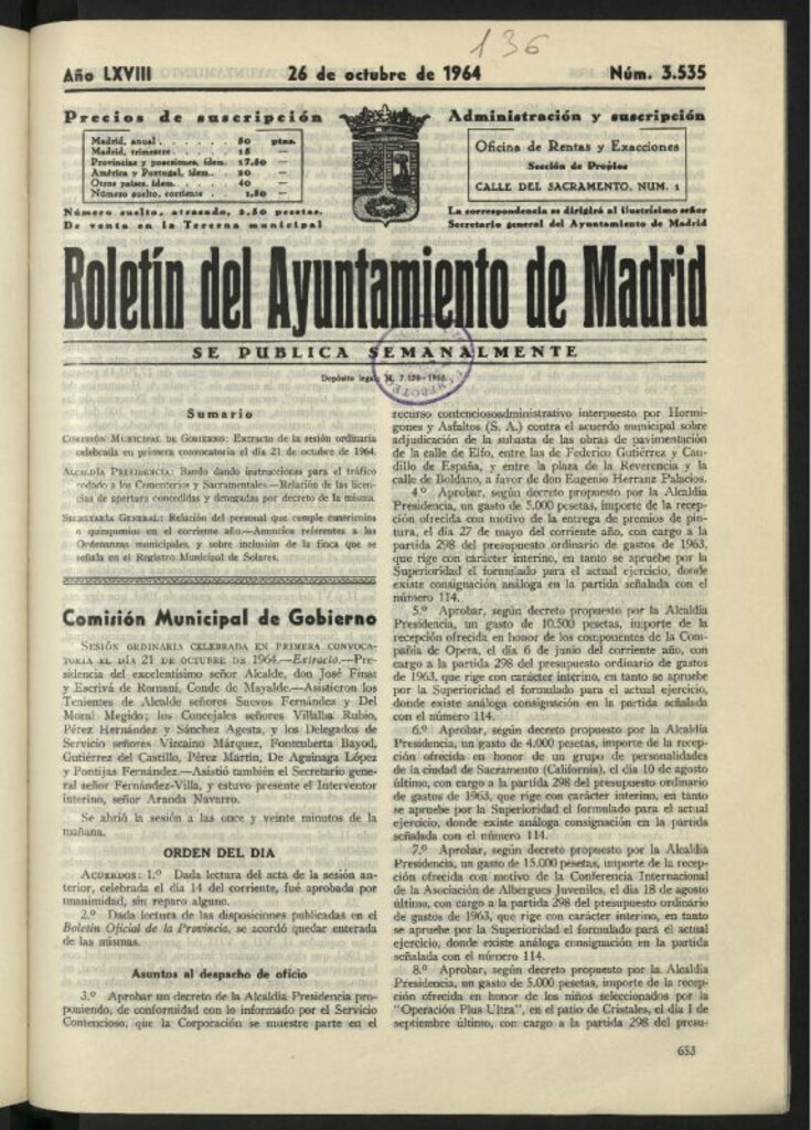 Miniatura de Boletín oficial del Ayuntamiento del 26 de octubre de 1964, nº 3535