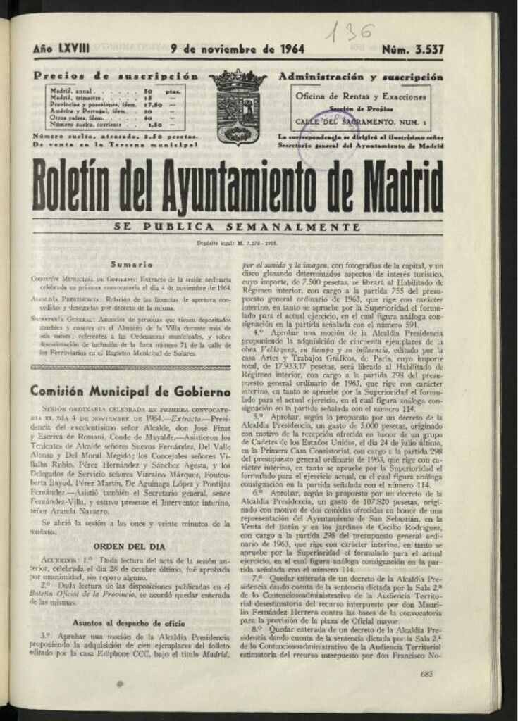 Miniatura de Boletín oficial del Ayuntamiento del 9 de noviembre de 1964, nº 3537