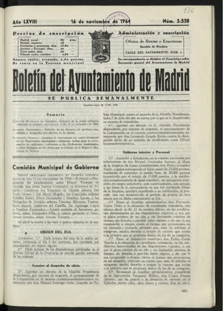 Miniatura de Boletín oficial del Ayuntamiento del 16 de noviembre de 1964, nº 3538