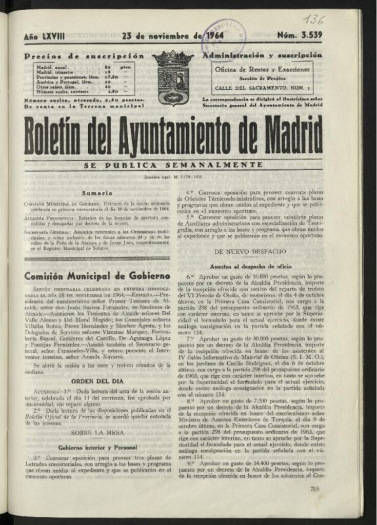 Miniatura de Boletín oficial del Ayuntamiento del 23 de noviembre de 1964, nº 3539