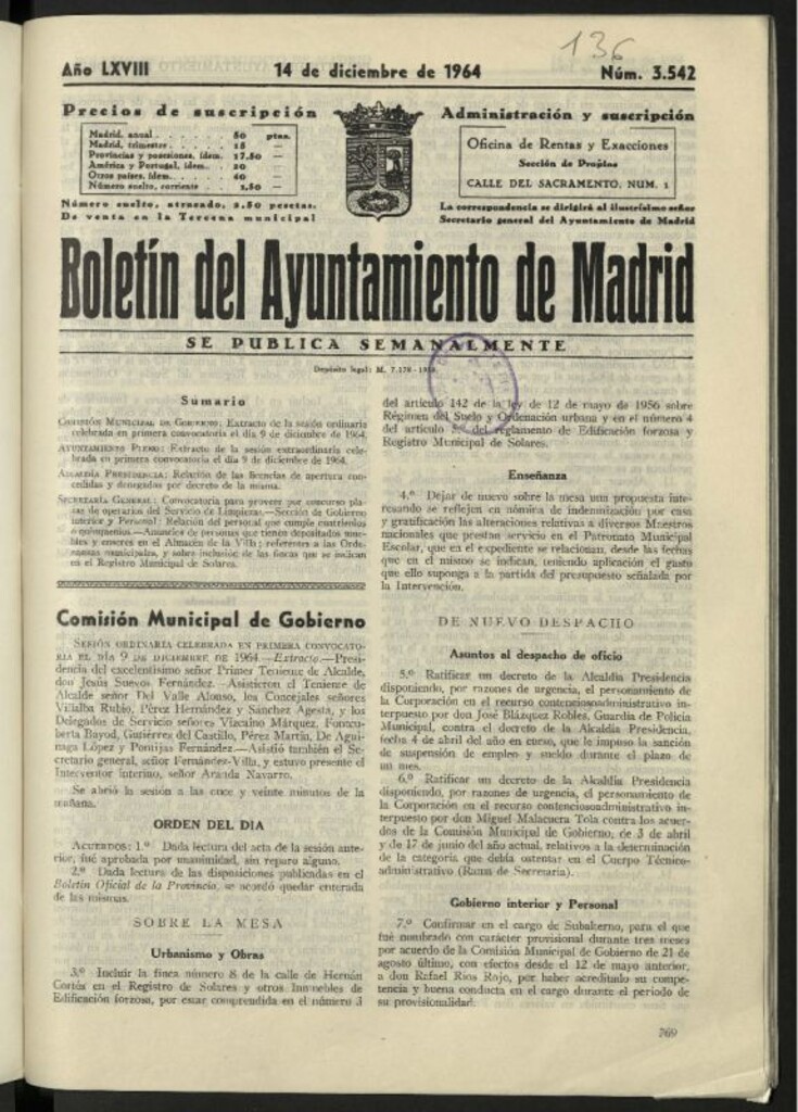 Miniatura de Boletín oficial del Ayuntamiento del 14 de diciembre de 1964, nº 3542