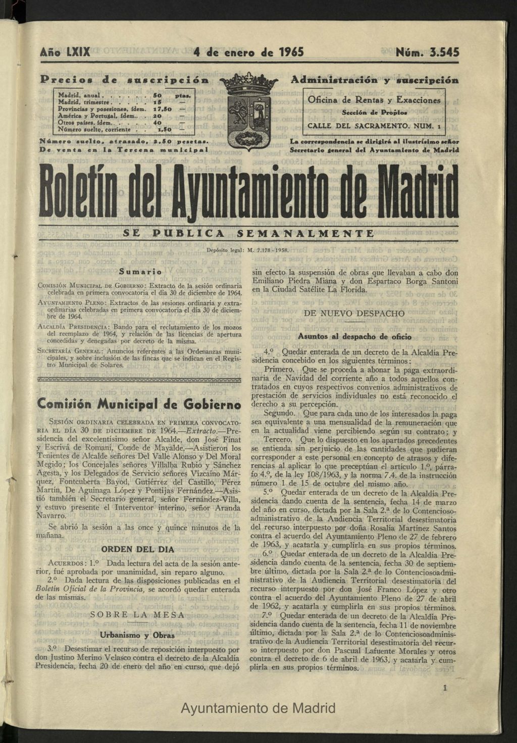 Miniatura de Boletín oficial del Ayuntamiento del 4 de enero de 1965, nº 3545