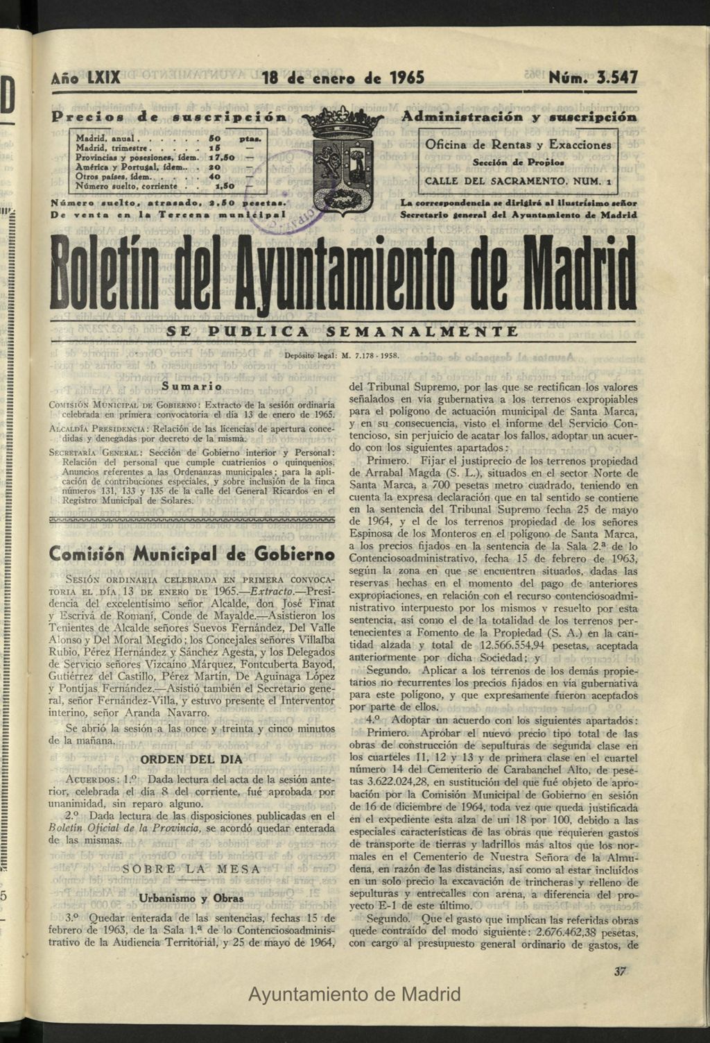 Miniatura de Boletín oficial del Ayuntamiento del 18 de enero de 1965, nº 3547