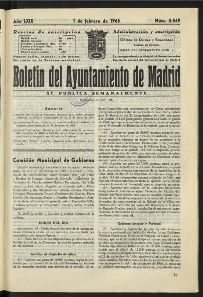 Miniatura de Boletín oficial del Ayuntamiento del 1 de febrero de 1965, nº 3549