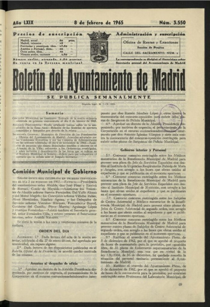 Miniatura de Boletín oficial del Ayuntamiento del 8 de febrero de 1965, nº 3550