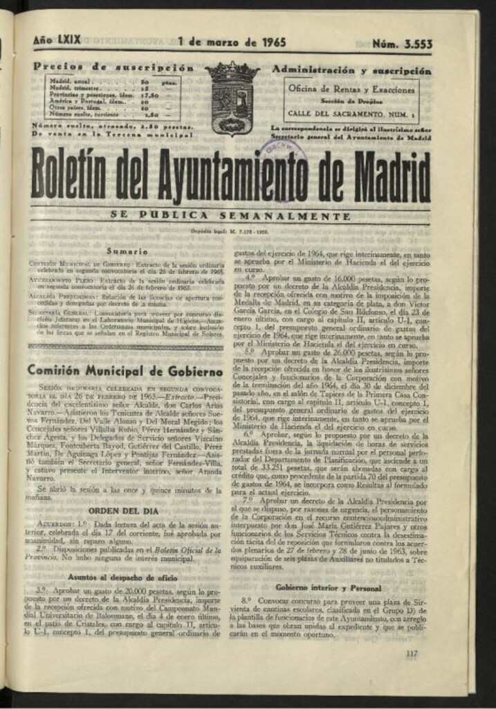 Miniatura de Boletín oficial del Ayuntamiento del 1 de marzo de 1965, nº 3553