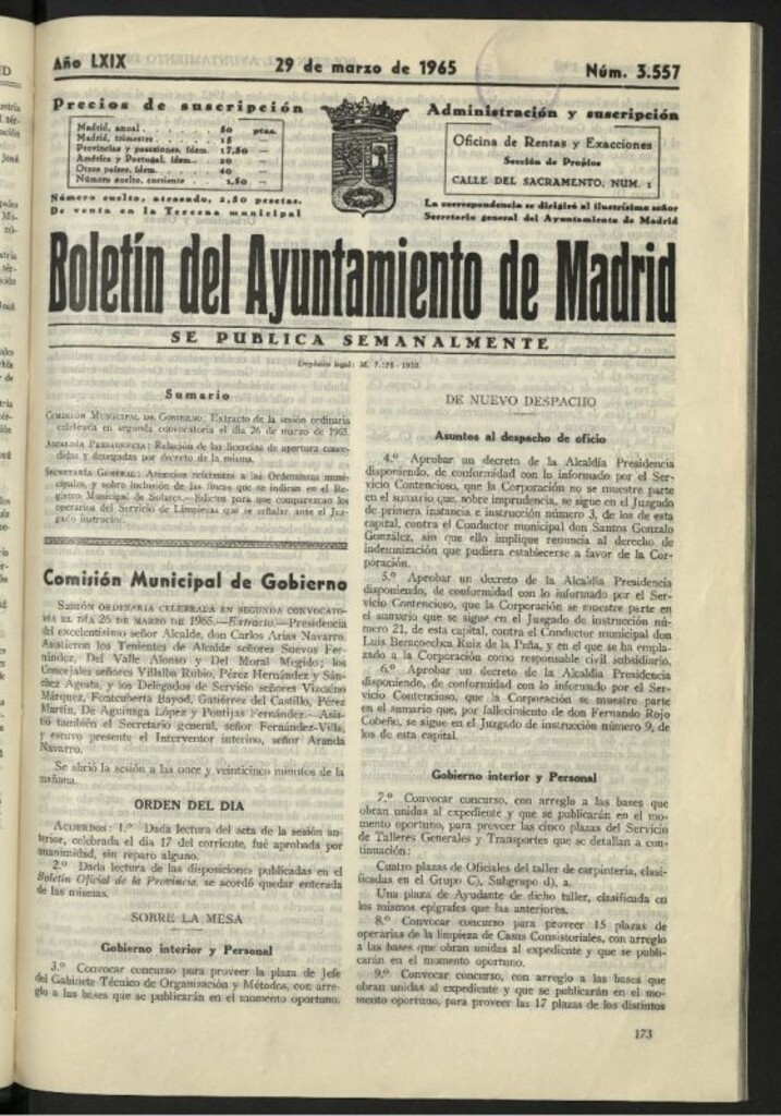 Miniatura de Boletín oficial del Ayuntamiento del 29 de marzo de 1965, nº 3557