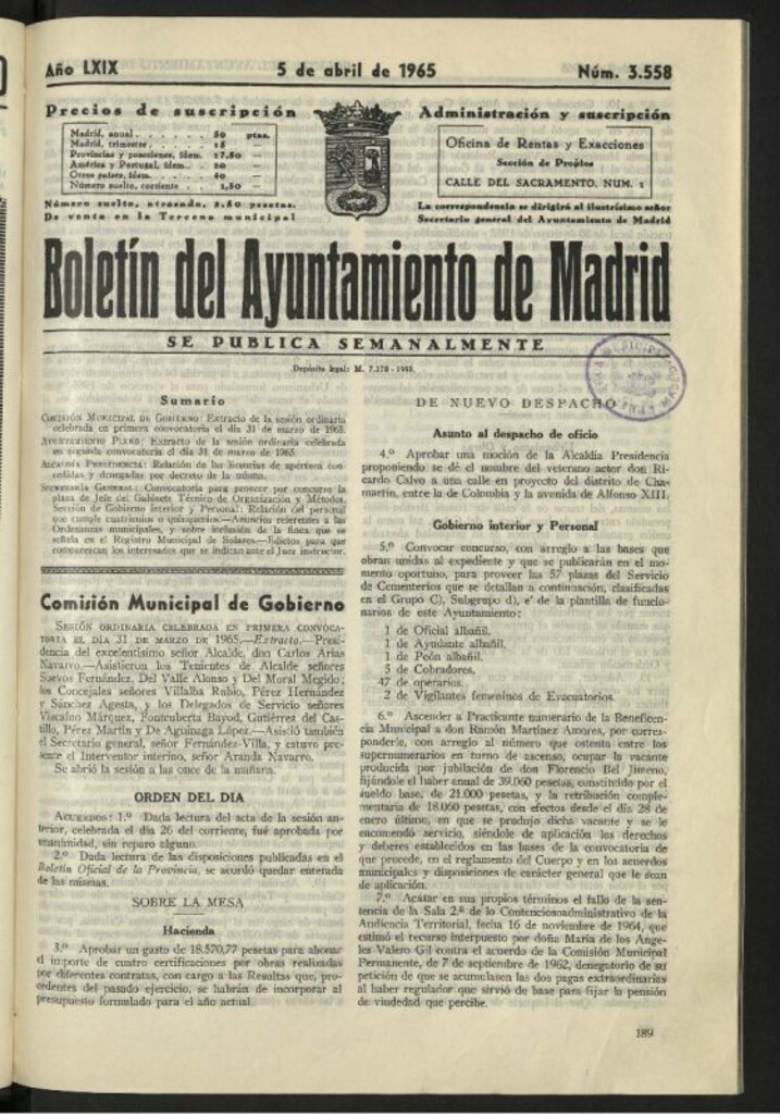 Miniatura de Boletín oficial del Ayuntamiento del 5 de abril de 1965, nº 3558