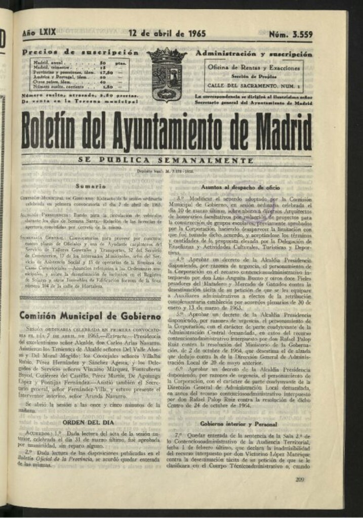 Miniatura de Boletín oficial del Ayuntamiento del 12 de abril de 1965, nº 3559