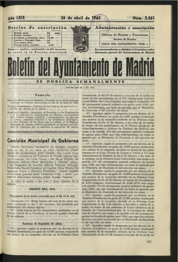 Miniatura de Boletín oficial del Ayuntamiento del 26 de abril de 1965, nº 3561