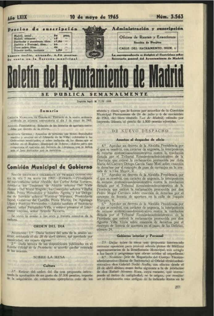 Miniatura de Boletín oficial del Ayuntamiento del 10 de mayo de 1965, nº 3563