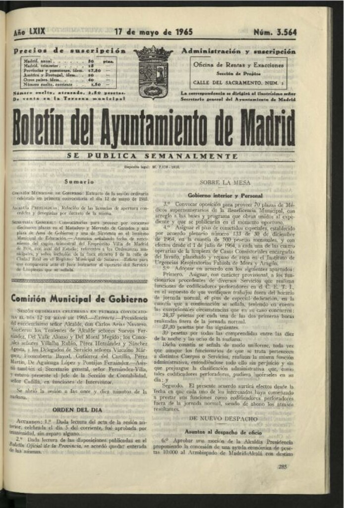Miniatura de Boletín oficial del Ayuntamiento del 17 de mayo de 1965, nº 3564