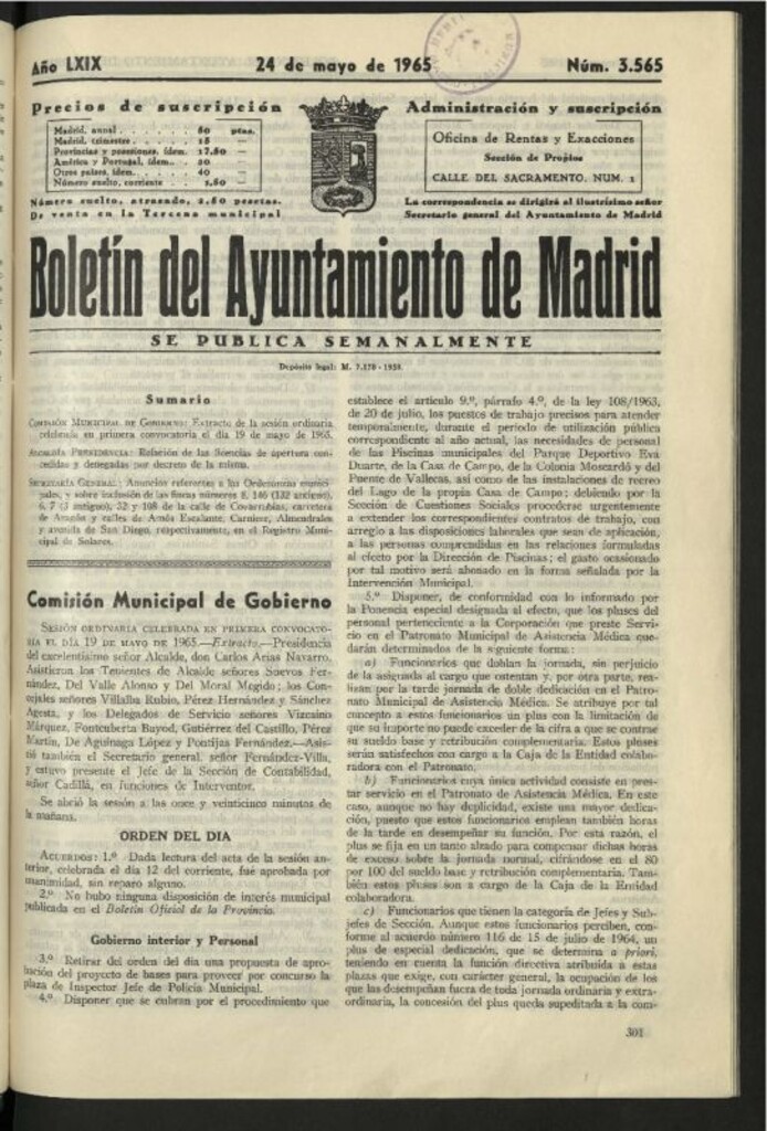 Miniatura de Boletín oficial del Ayuntamiento del 24 de mayo de 1965, nº 3565