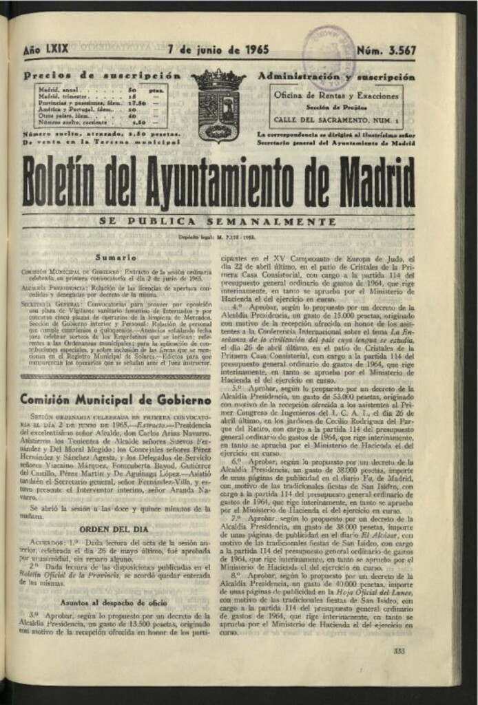 Miniatura de Boletín oficial del Ayuntamiento del 7 de junio de 1965, nº 3567