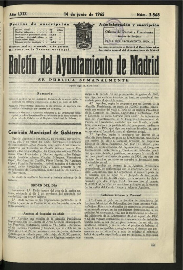 Miniatura de Boletín oficial del Ayuntamiento del 14 de junio de 1965, nº 3568