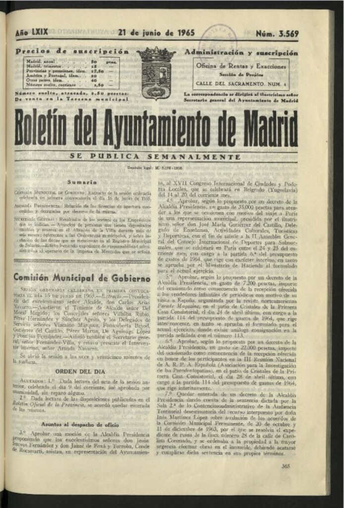 Miniatura de Boletín oficial del Ayuntamiento del 21 de junio de 1965, nº 3569