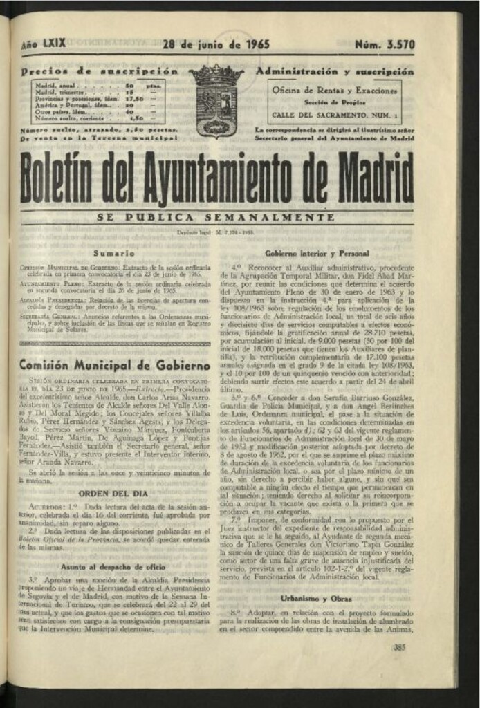 Miniatura de Boletín oficial del Ayuntamiento del 28 de junio de 1965, nº 3570