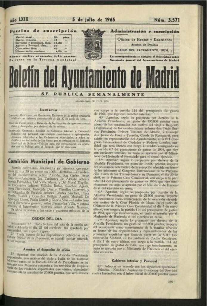 Miniatura de Boletín oficial del Ayuntamiento del 5 de julio de 1965, nº 3571