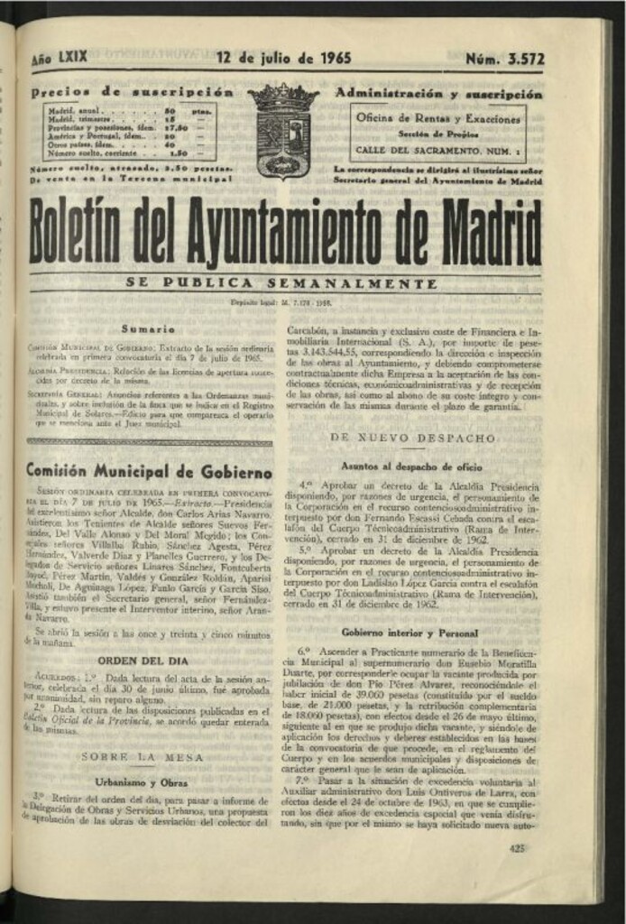 Miniatura de Boletín oficial del Ayuntamiento del 12 de julio de 1965, nº 3572