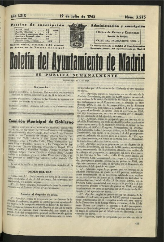 Miniatura de Boletín oficial del Ayuntamiento del 19 de julio de 1965, nº 3573