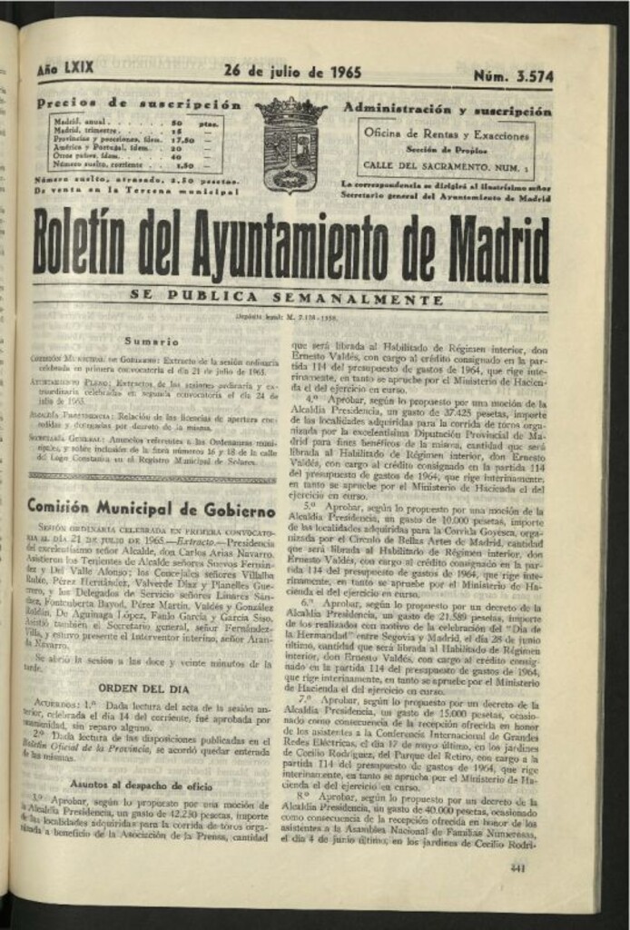 Miniatura de Boletín oficial del Ayuntamiento del 26 de julio de 1965, nº 3574