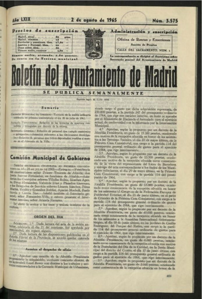 Miniatura de Boletín oficial del Ayuntamiento del 2 de agosto de 1965, nº 3575
