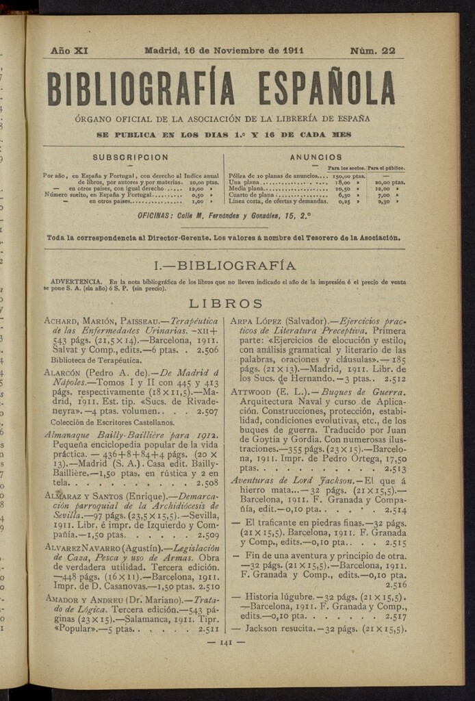 Miniatura de Bibliografía Española del 16 de noviembre de 1911