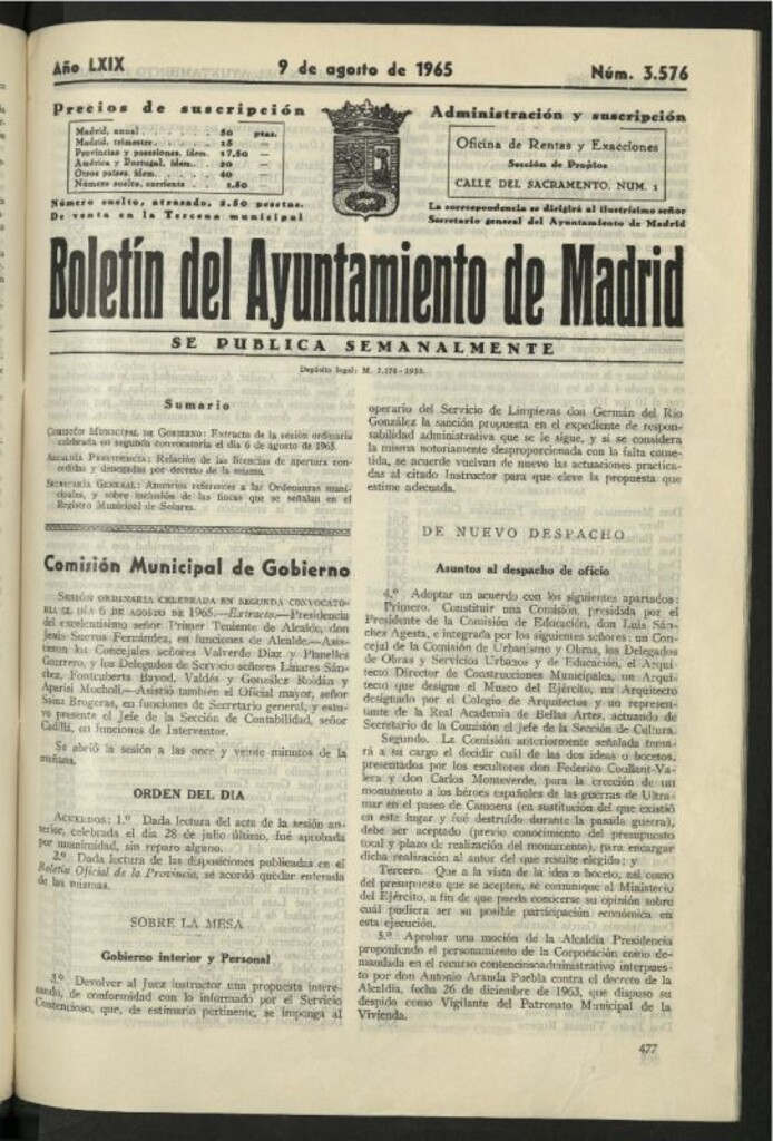 Miniatura de Boletín oficial del Ayuntamiento del 9 de agosto de 1965, nº 3576